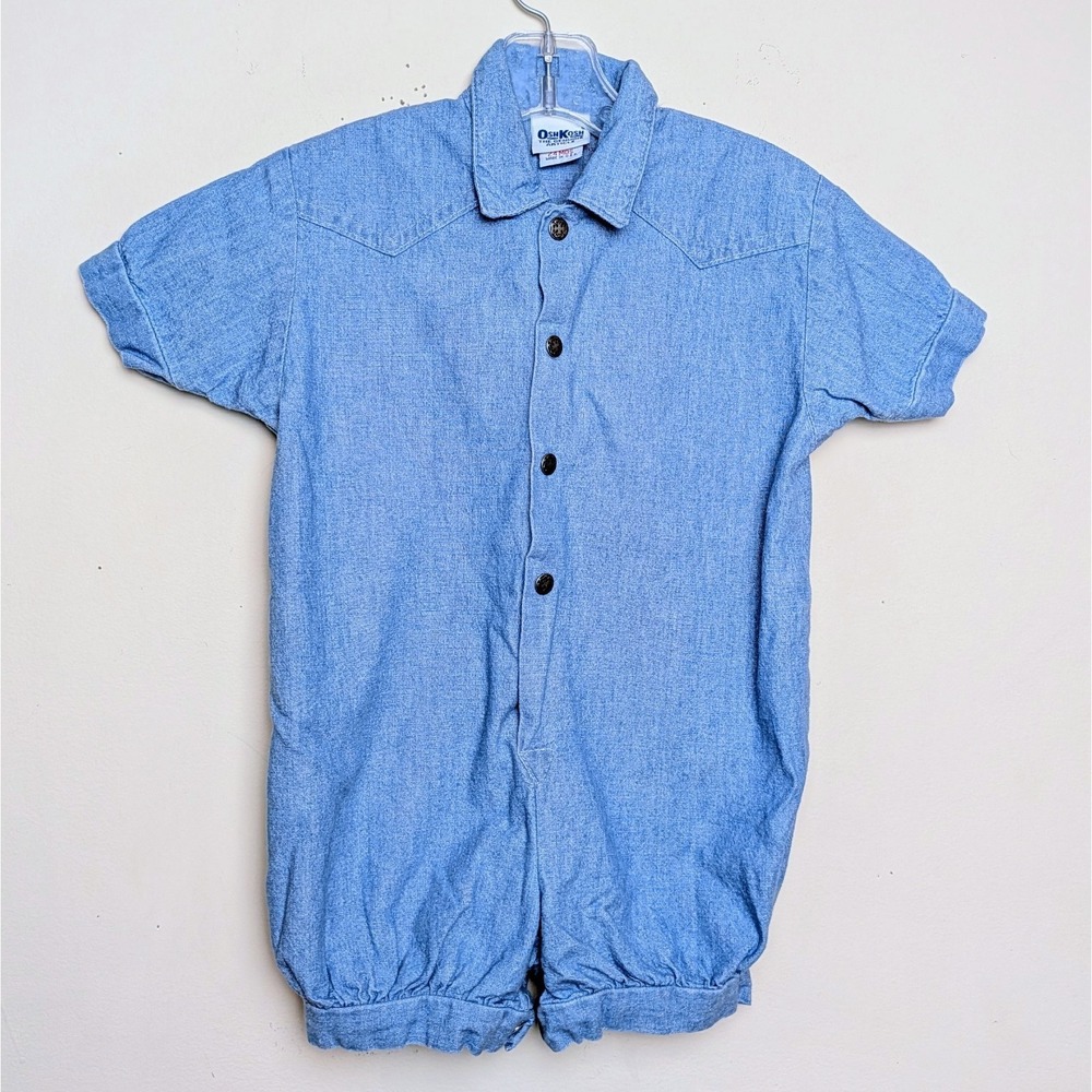 Vintage Osh Kosh B'Gosh Denim Romper Collared Jumpsuit 90s Size 24 Months